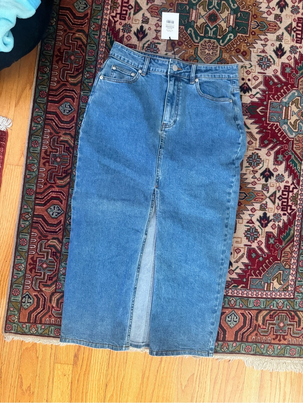 Showpo Blue Denim Midi Skirt with Front Slit